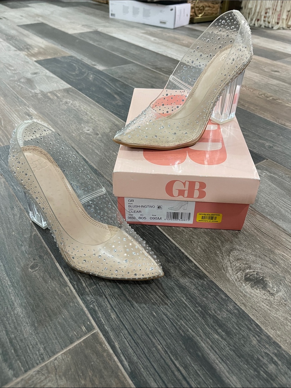 Gianni Bini Clear PVC Rhinestone Pointed Block Heels - Beige/Clear
